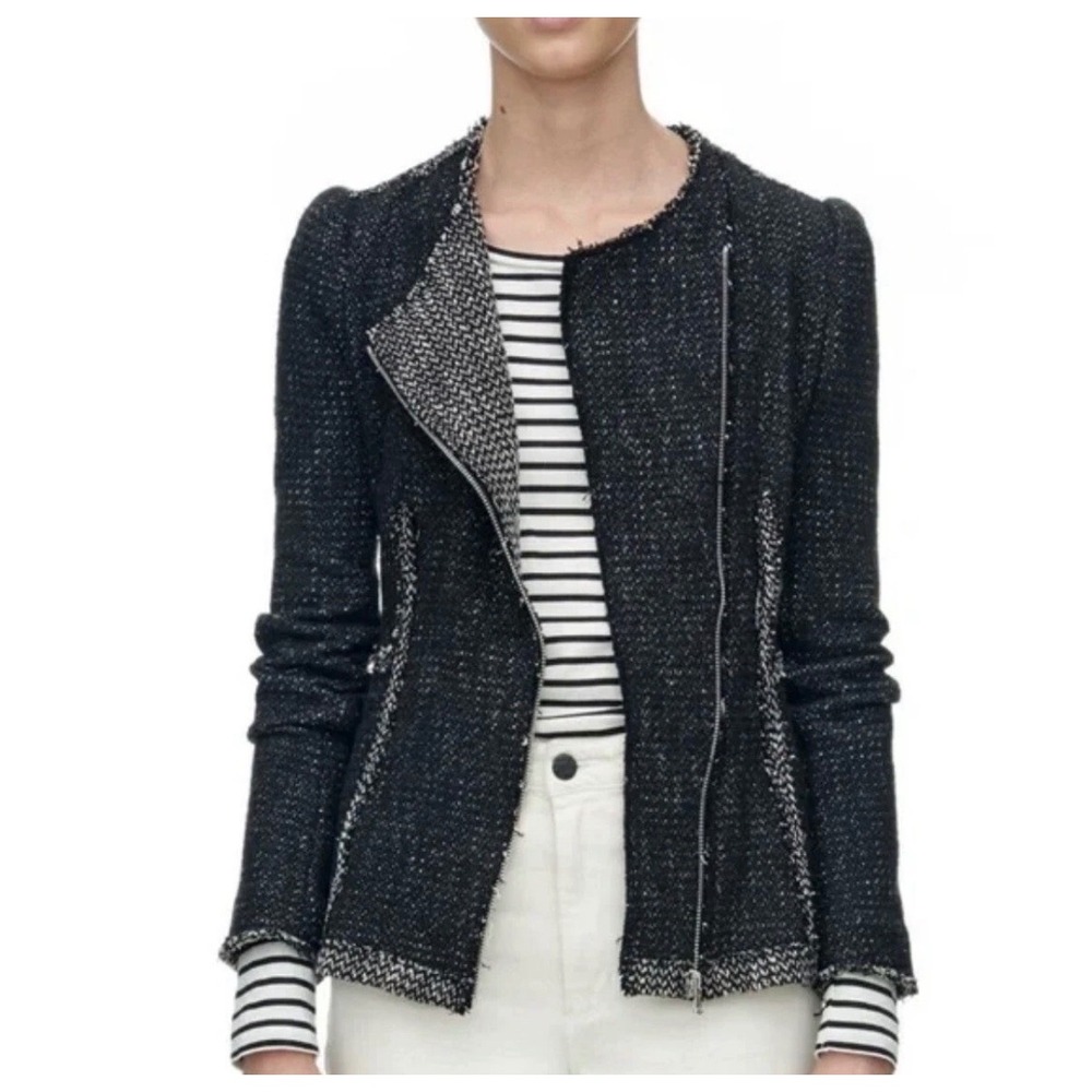 Rebecca Taylor Black White Tweed Moto Jacket Asymmetrical Zip 8 Parisian Edgy